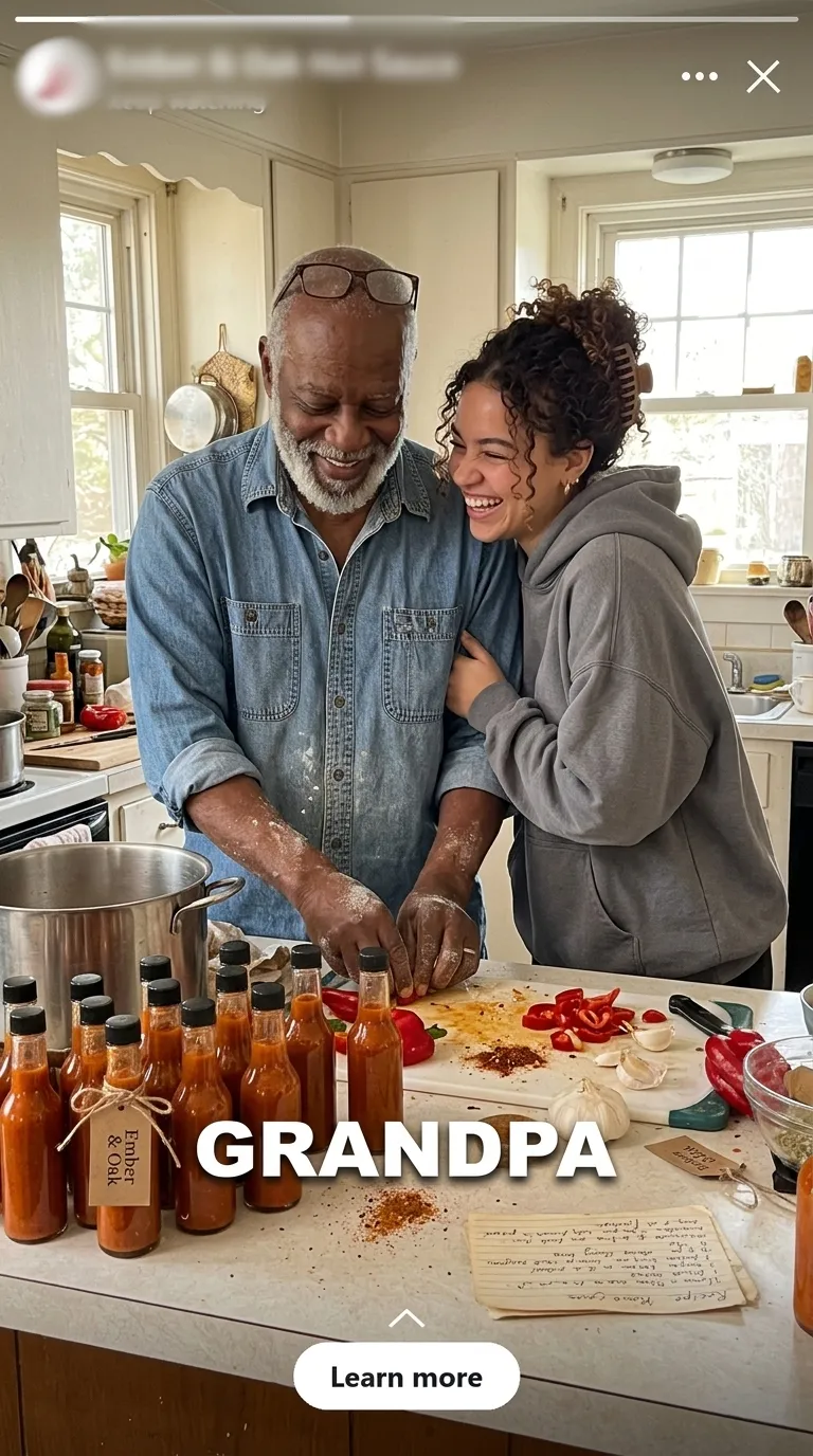 A grandfather and granddaughter bottling hot sauce in a home kitchen, with the hook word GRANDPA