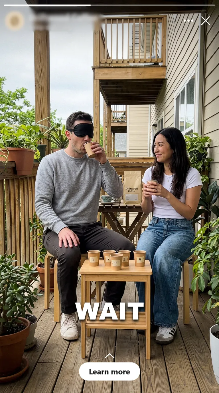 A blindfolded man tasting drinks on a porch while a woman watches, with the hook word WAIT