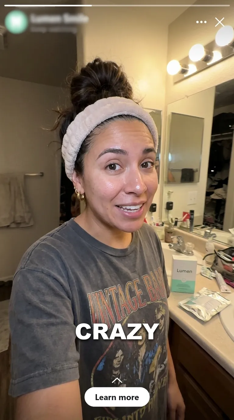 A woman with a headband talking to camera at her bathroom counter, with the hook word CRAZY