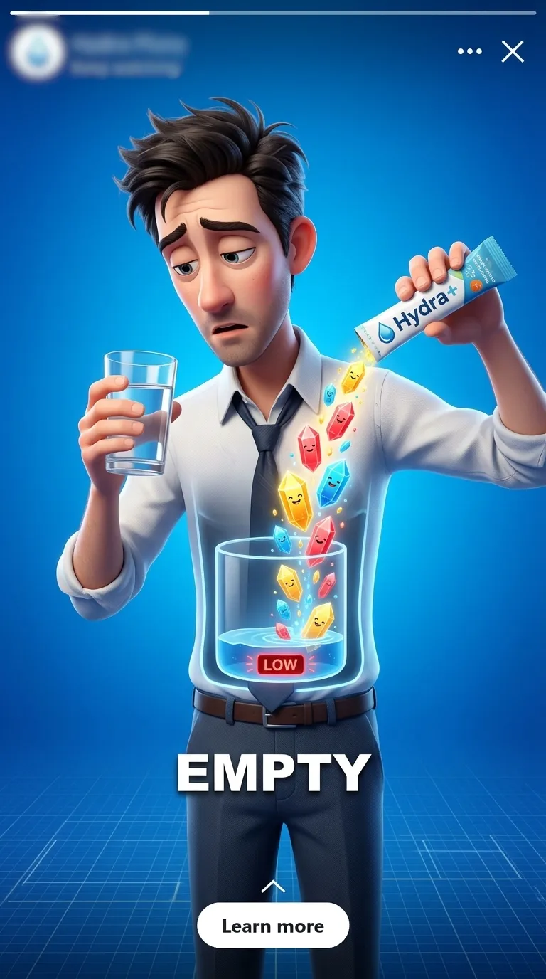 A 3D animated man pouring hydration powder into a glass labeled low, with the hook word EMPTY